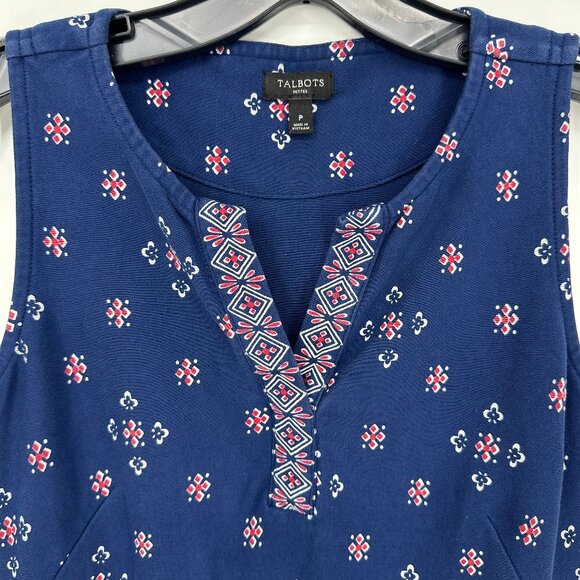 Talbots Sheath Dress XSP Foulard Print Sleeveless Cotton Navy Blue Red Casual - Picture 9 of 11